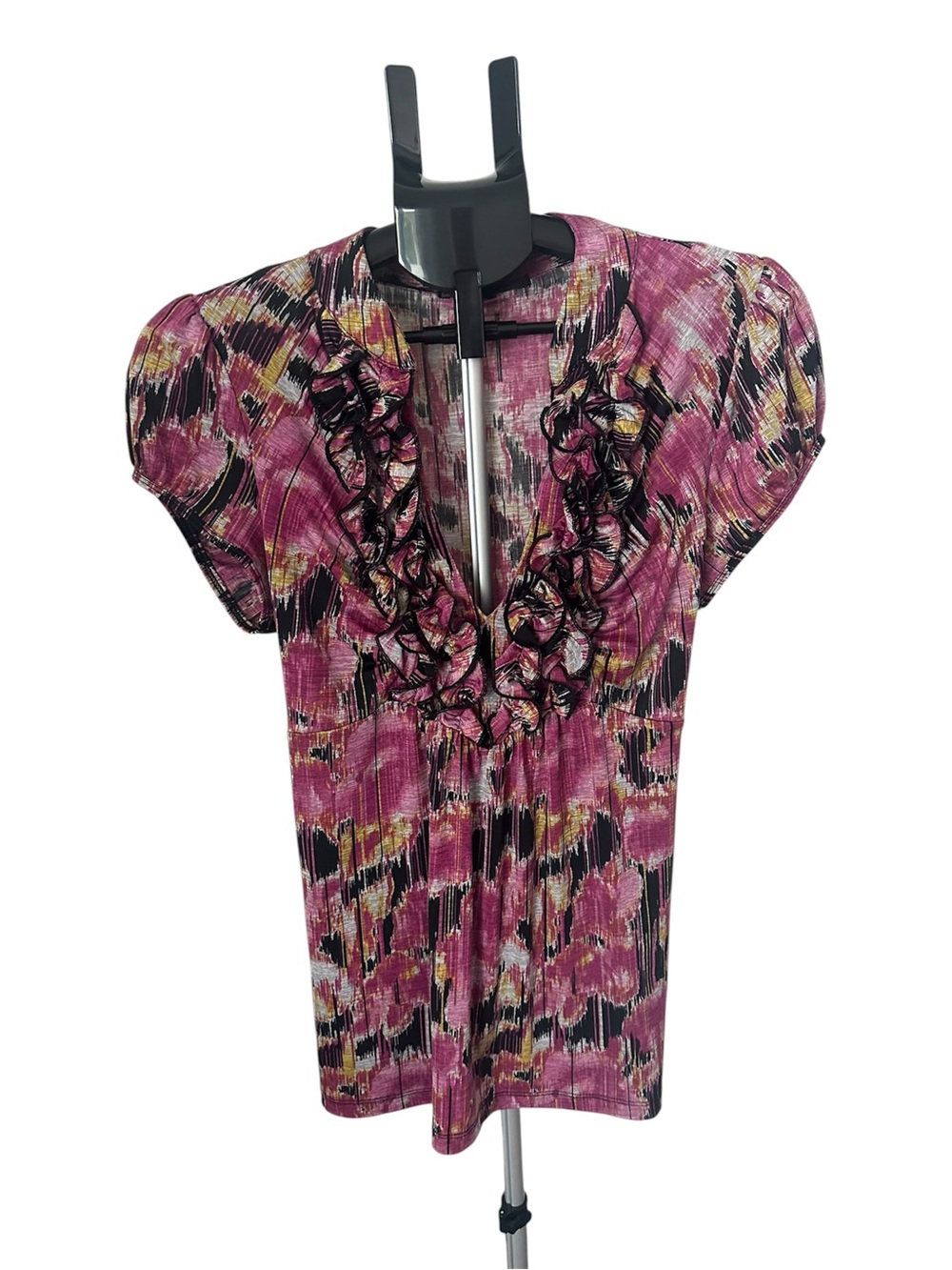 Heart Soul Women's Vintage Y2K Ruffle Top Purple Medium Feminine Abstract Print